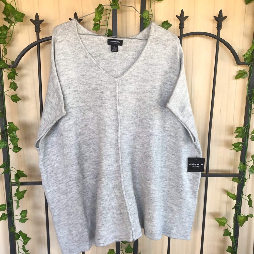 Liz Claiborne Sweater 2X Woman Plus Sz Oversized Knit Top Gray Silver Thread New